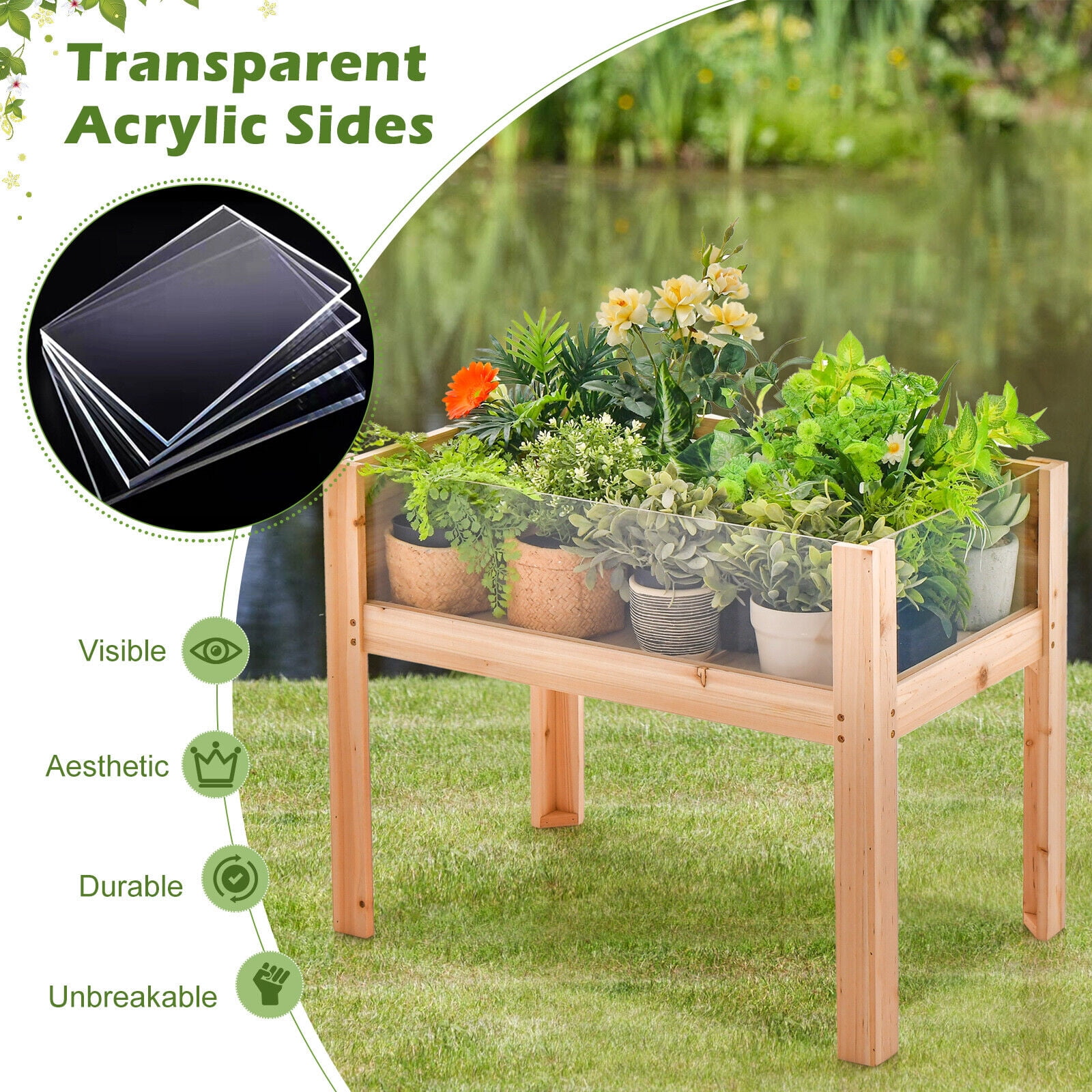 Amijoy Raised Wooden Garden Bed With Legs, 24" Elevated Planter Box With 2 Acrylic Panel Sides, Plant Terrarium With Stand