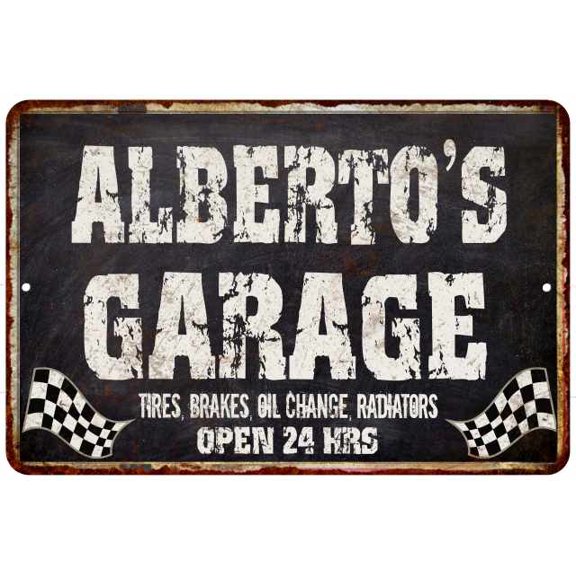 ALBERTO'S Garage Black Grunge Sign 8 x 12 High Gloss Metal 208120005367