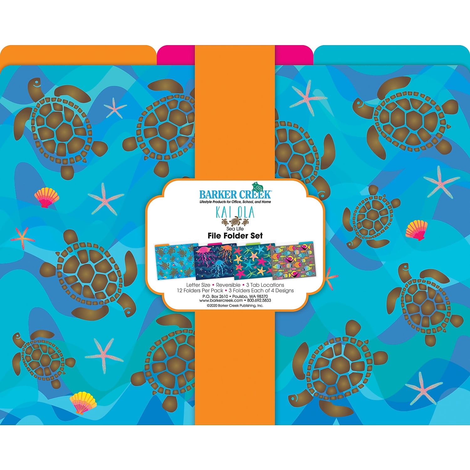 Barker Creek Kai Ola File Folders, 12-Pack, Multi-Design Set with Tropical Sea Life on Outside, Vibrant Solid Colors on Inside, Letter Size File Folders, 1/3 Cut Tabs, Pack of 12 (1373)