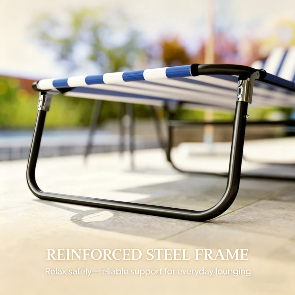 Outdoor Sun Lounger, Blue and White Foldable Tanning Chair with 5-Position Reclining Backrest, No Assembly Required, Water-Safe Steel Frame