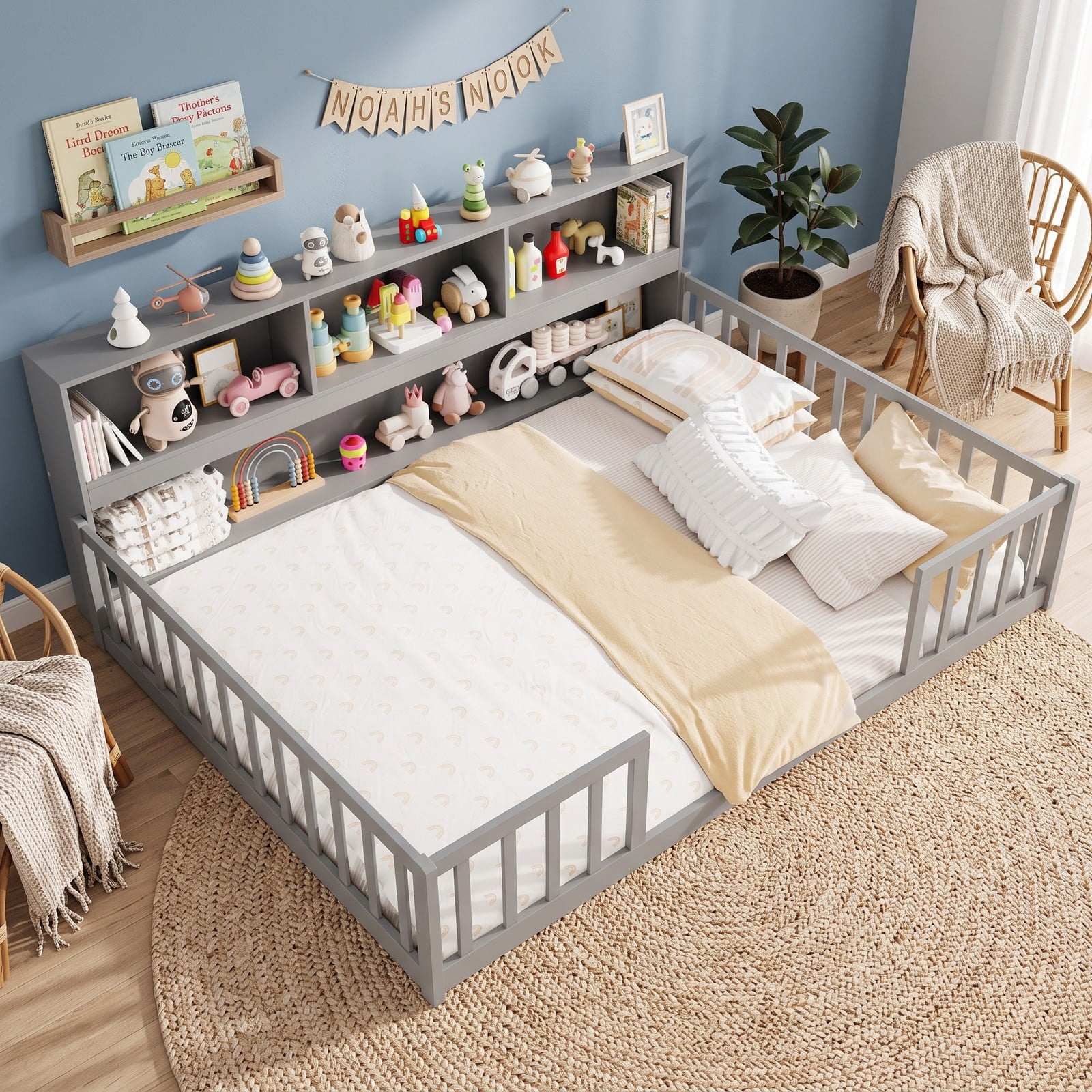Furnibear Full Size Bed Frame Montessori Floor Bed with Bookcase Headboard and Full Length Fence Rails for Kids Bedroom, Gray