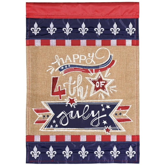 Dicksons Magnolia Garden Happy Fourth of July Fleur De Lis Burlap Red White Blue 18 x 13 Polyester Outdoor Garden Flag