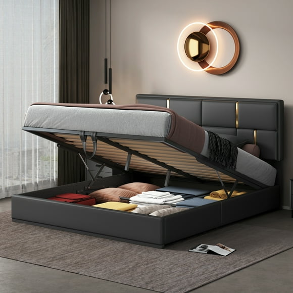 Newest Queen Size Upholstered Platform Bed with Hydraulic Storage System,No Box Spring Needed,Black
