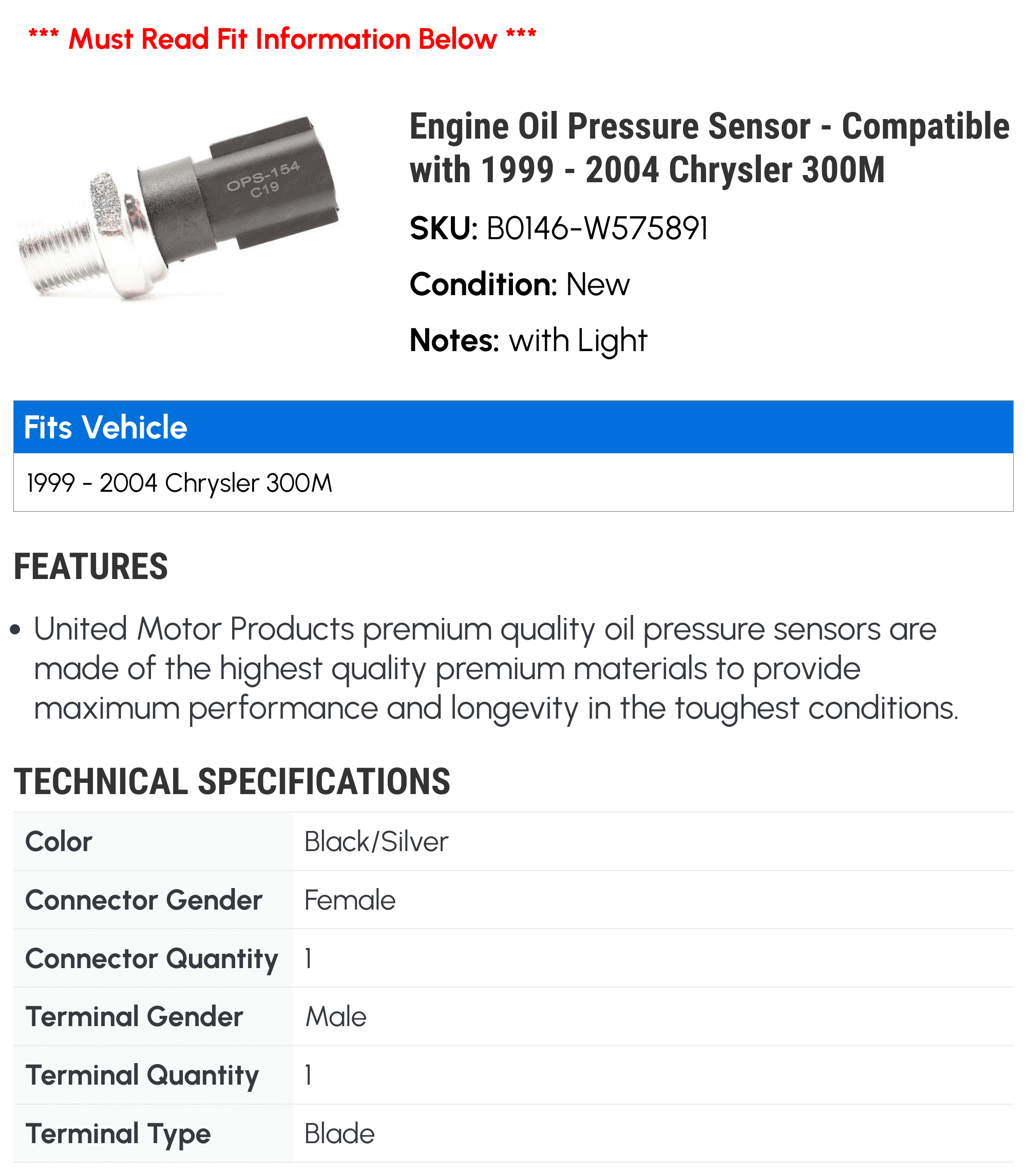 Engine Oil Pressure Sensor - Compatible with 1999 - 2004 Chrysler 300M 2000 2001 2002 2003