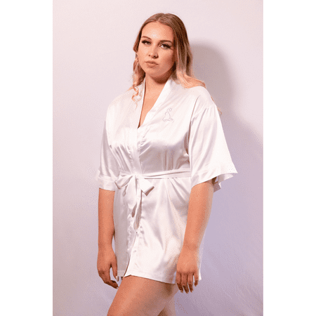 

Women s White Satin Logo 1/2 Sleeve Short Robe Lingerie