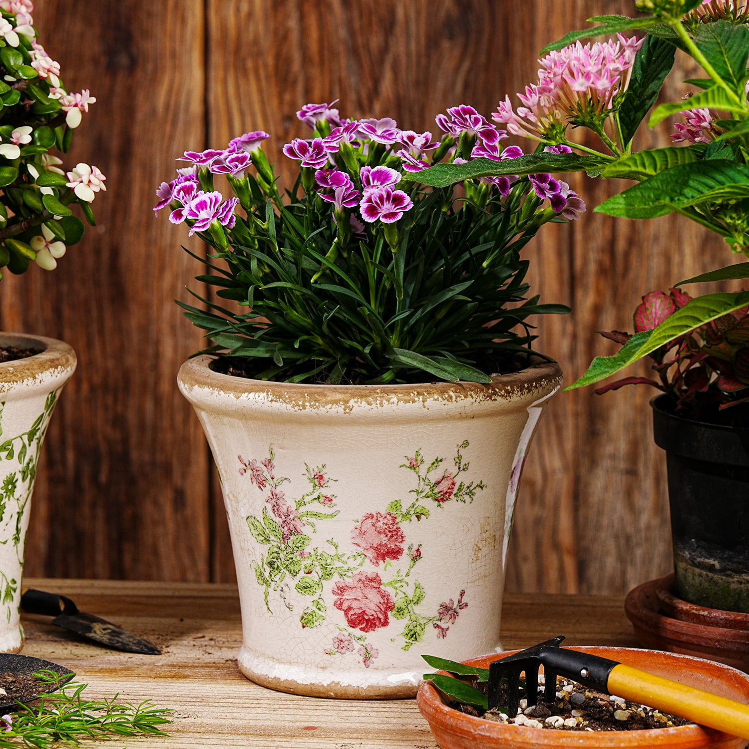 Sungmor Set of 2 Vintage Ceramic Flower Pots with Drainage Hole - Rustic Farmhouse Planters with Crackle Glaze & Floral Prints - Indoor Outdoor Decorative Plant Pots for Succulents, Herbs, Flowers