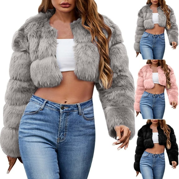 Juebong Womens Faux Fur Coat Cropped Fluffy Fur Jacket Long Sleeve Winter Fuzzy Shaggy Short Coat Warm Parka Outwear Black,XL
