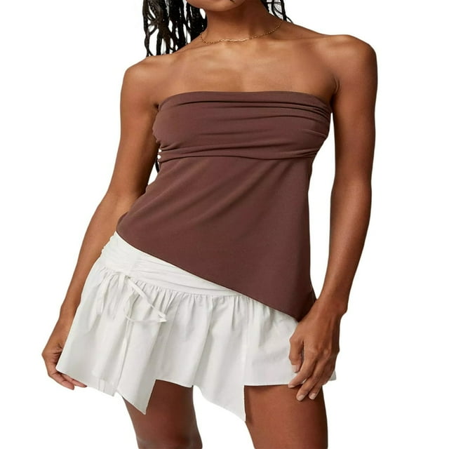 Women‘s Casual Basic Wrap Chest Tube Tops Irregular Hem Strapless Backless Tank Tops Bandeau Tops