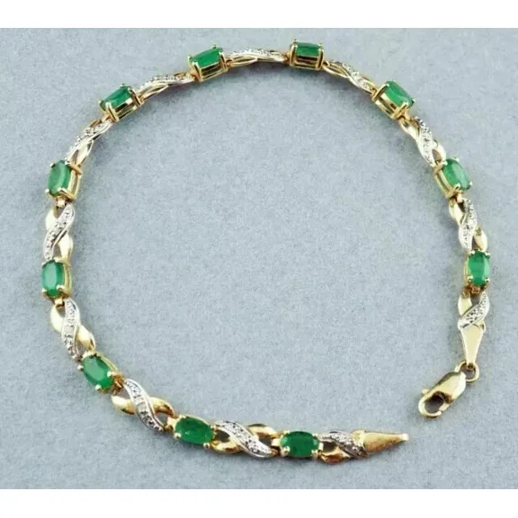 14K Yellow Gold Plated 5.4Ct Lab Created Green Emerald Tennis Bracelet Oval Cut