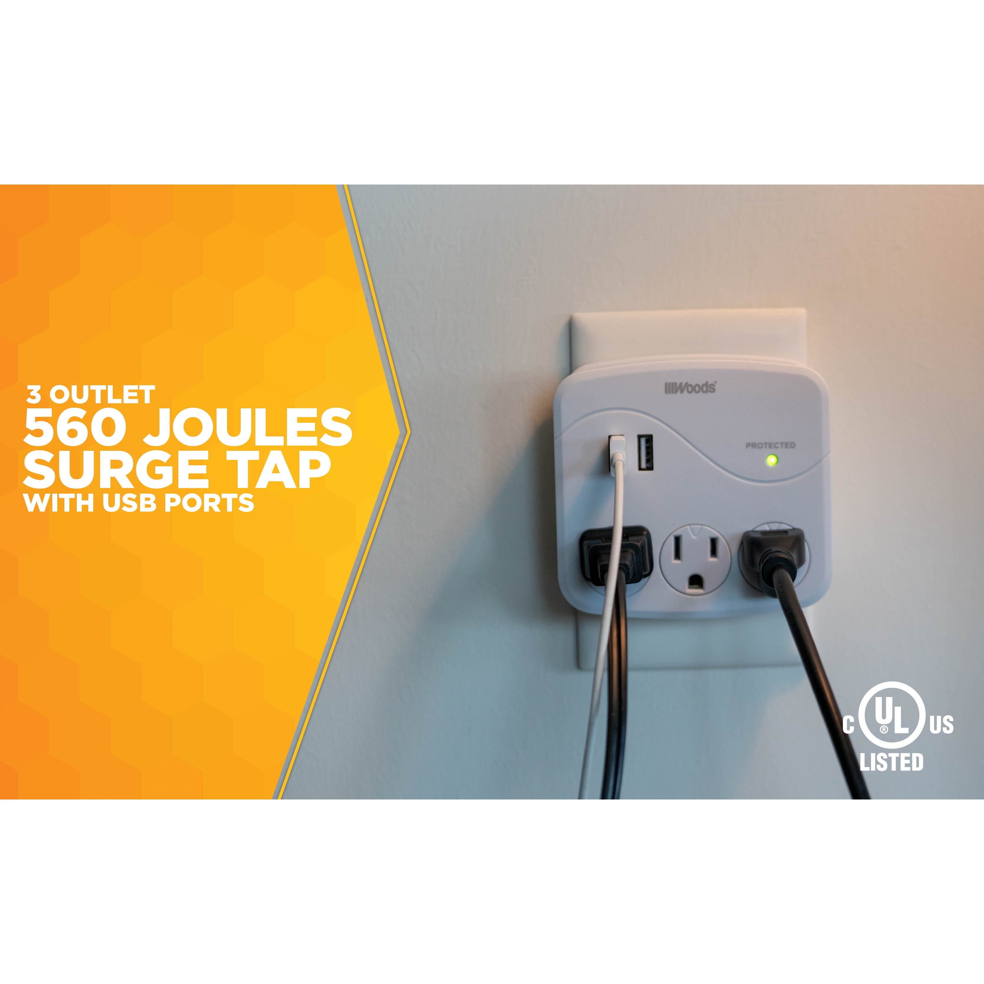 Woods 41029 3 Outlet USB Surge Protector