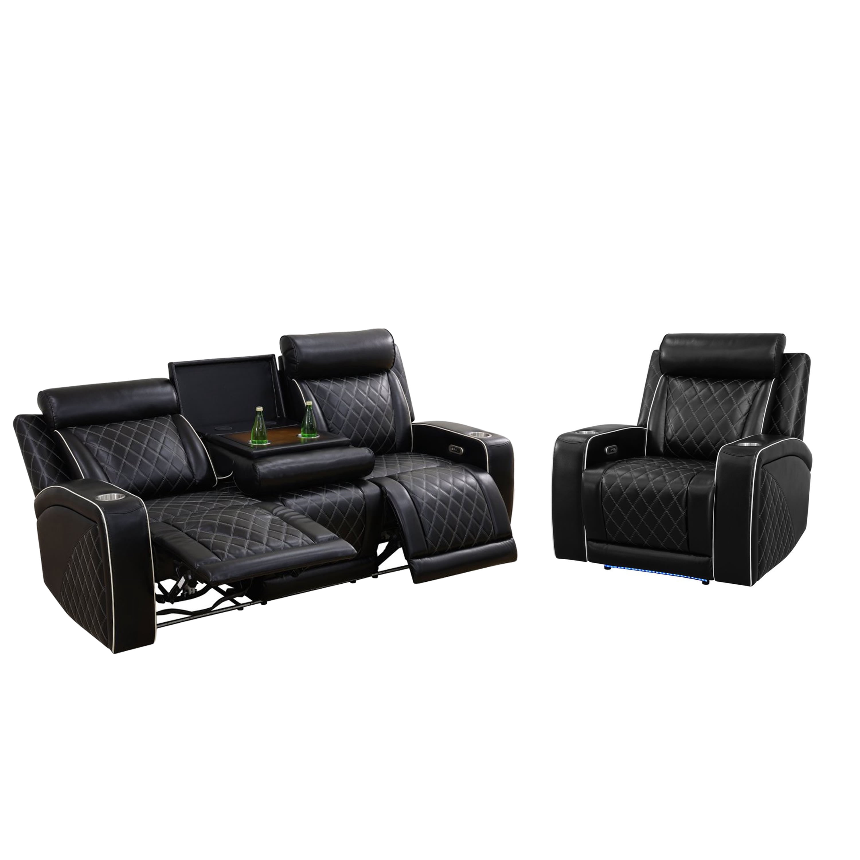 Gewnee 3-Seat Power Adjustable Sofa with One Recliner, Console & Cup Holders, Air Leather, Adjustable Reclining Angles, Suitable for Living Room, Black