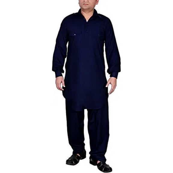 Royal Men's Navy Linen Pathani Suit Set