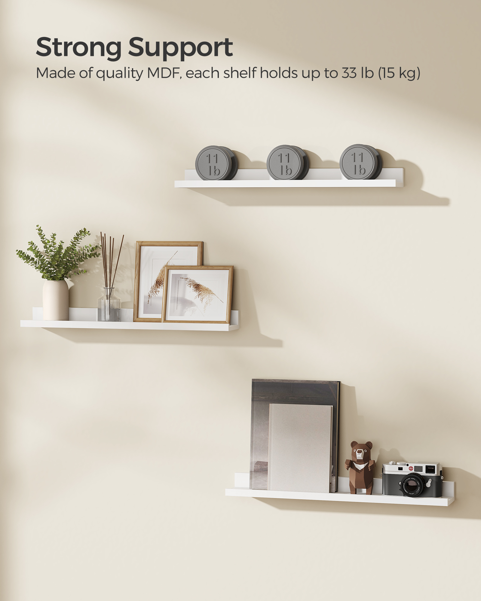 Set of 3 Floating Shelves, 23.6 Inch Wide Wall Shelves with 22 lb Capacity Each & Anti-Slip Edge, for Living Room Kitchen Bathroom, White