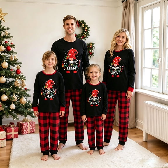 AIGUR Family Matching Christmas Pajama Set, Christmas Crew Gnome Print Red Cuff Long Sleeve Tops Red Black Buffalo Plaid Black Cuff Jogger Pants Holiday Sleepwear for Men Women