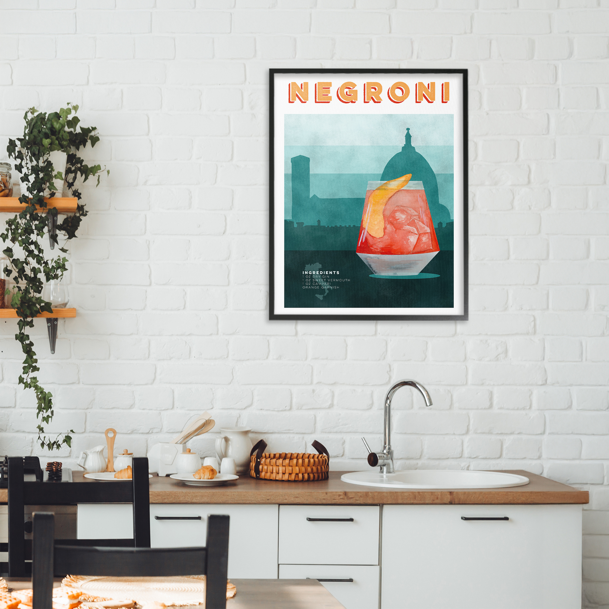 Retro Negroni & Architecture Black Framed Giclee Art, design by Brett Blumenthal