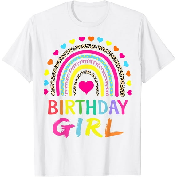 Birthday Girl Leopard Rainbow Birthday Party Family T-ShirtMen and women, White T-shirt, size: Extra large