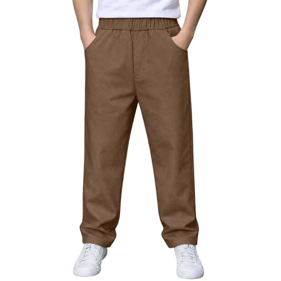 Boys School Uniform Pants Pull-On Loose Fit Lightweight Workwear Flat Front Elastic Waist Straight Trousers with Pockets Brown 12-13 Years