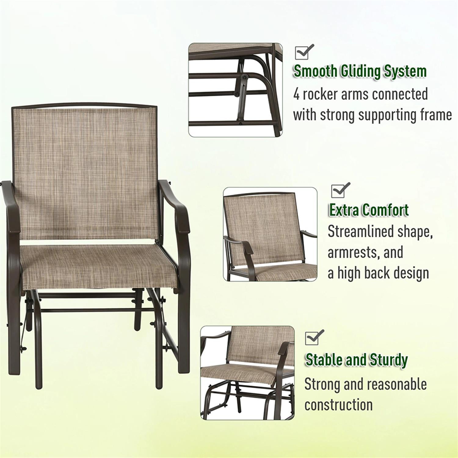 Demi Bonn 3 Piece Outdoor Glider Chair with Glass Tabletop Coffee Table Bistro Set, 2 Patio Rocking Chairs with Breathable Sling Fabric, for Backyard, Garden and Porch, Brown