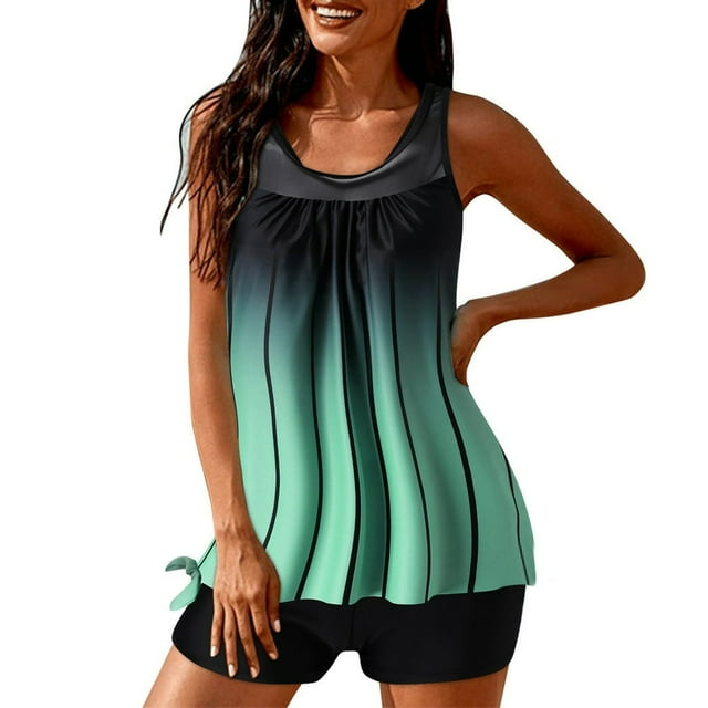 Tankini Swimsuits for Women 2 Piece Mesh Bathing Suits Ruched Tank Top with Boy Shorts