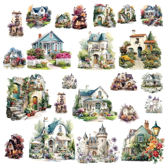 8 Sheets Vintage House Wall Stickers Flower Buildings Window Peel and Stick PVC Waterproof Self Adhesive Wall Decals Removable