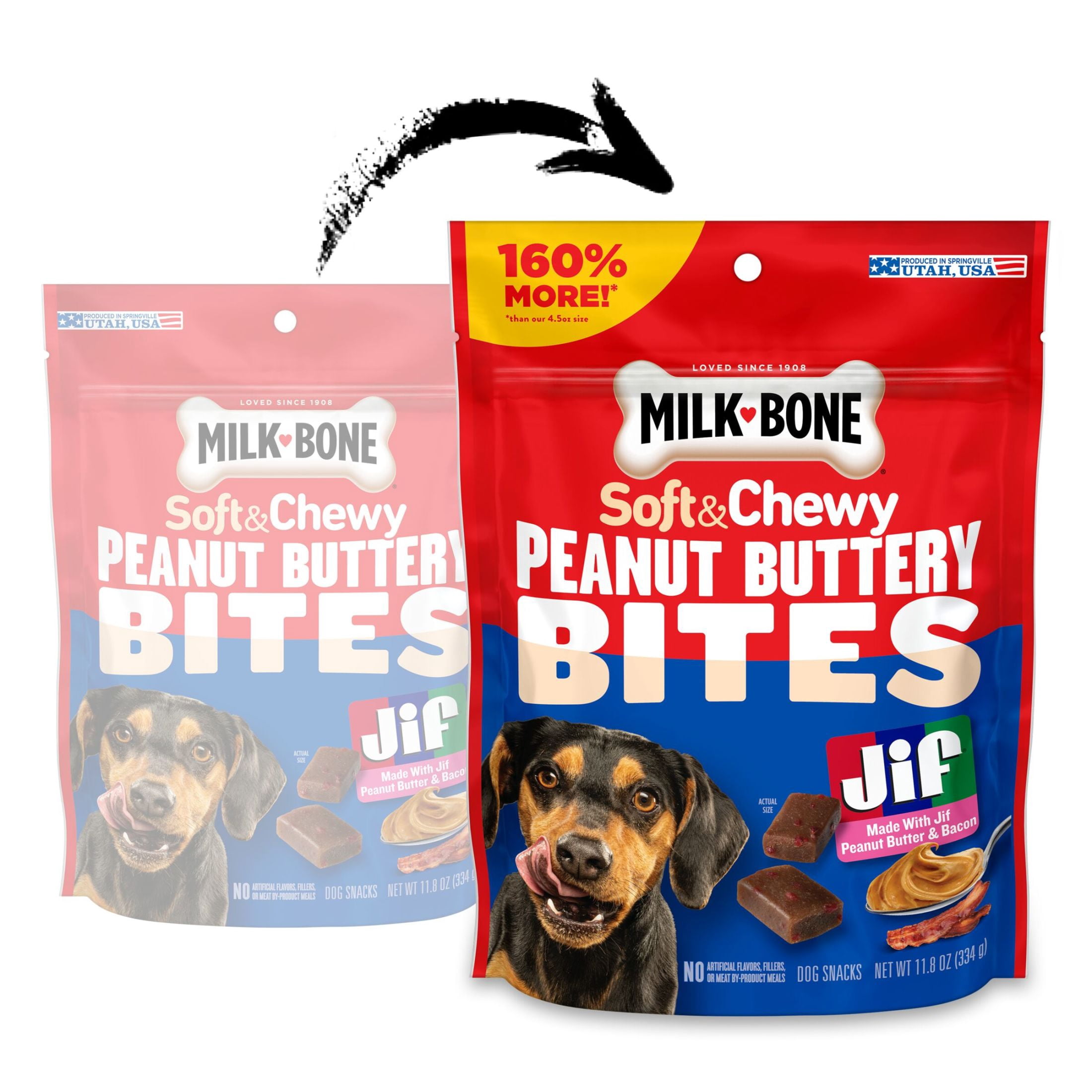(24 pack) Milk Bone Peanut Buttery Bites, Soft Dog Treats With Jif Peanut Butter & Real Bacon, 11.8 oz Bags