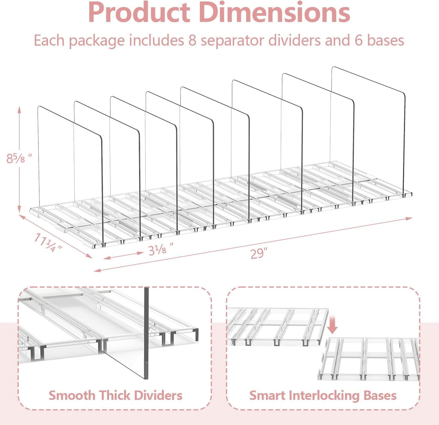 Yecaye 8-Pack Clear Purse Handbag Organizers, Adjustable Acrylic Shelf Dividers for Closet