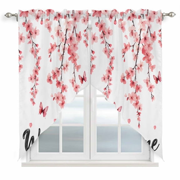 Swag Valance Curtains for Windows, Cherry Blossoms Light Filtering Kitchen Curtains with Rod Pocket, Spring Rustic Botanical Flowers Window Treatment Valances for Living Room, 28x36 - 2 PCS