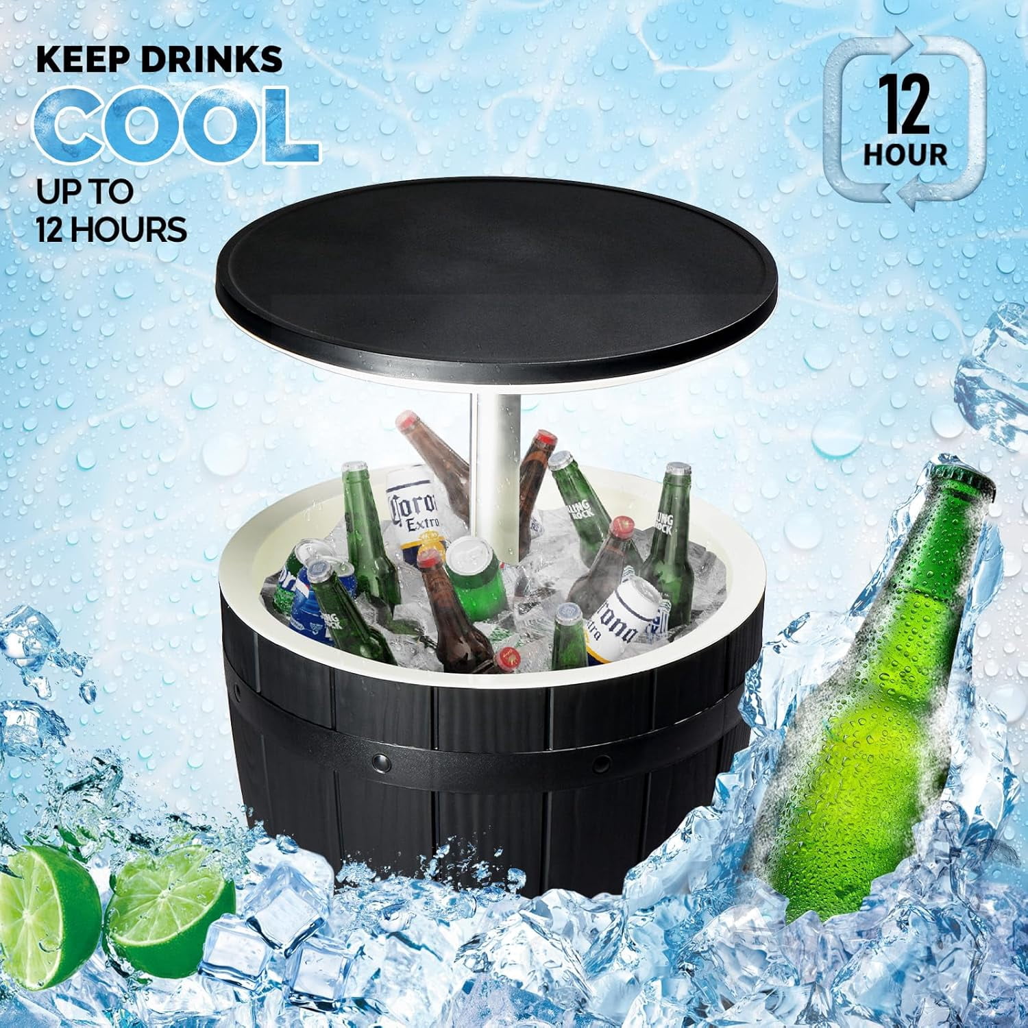 VINGLI Outdoor Cooler Table, Height-Adjustable Outdoor Cool Bar w/ 10 Gallon Beer and Wine Cooler, All-Weather Resistant Patio Cooler Ice Cool Bar for Deck Pool Party