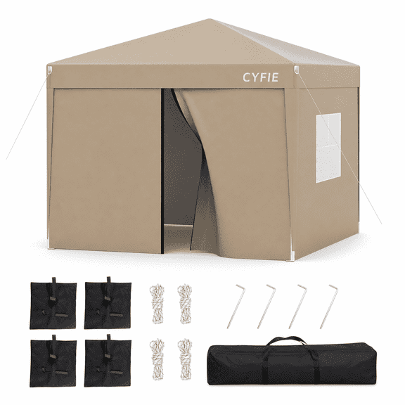 CYFIE 10'x10' Instant Pop-Up Canopy Gazebo Tent with 4 Removable Sidewalls, Mesh Window Full Stabilization Accessory Kit, Outdoor Shade Shelter with Carry Bag for Backyard Camping Vendor Event Party