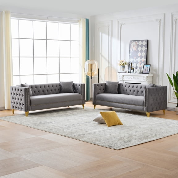Chesterfield Velvet Sofa,3 3 Seater Deep Seat Sofa,Modern Sofa with Button Nailhead,Square Arm Couches,Furniture for Living Room,Bedroom,Office(Grey)