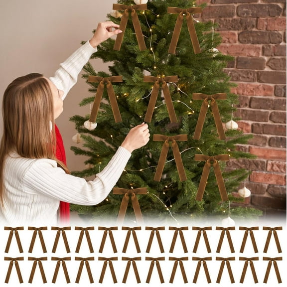 24 Pcs Christmas Velvet Bows for Christmas Tree, Rustic Wreath Gift Bows, Burgundy Christmas Ornaments, for Xmas Farmhouse Tree Garland DIY Craft Wrapping Decorative