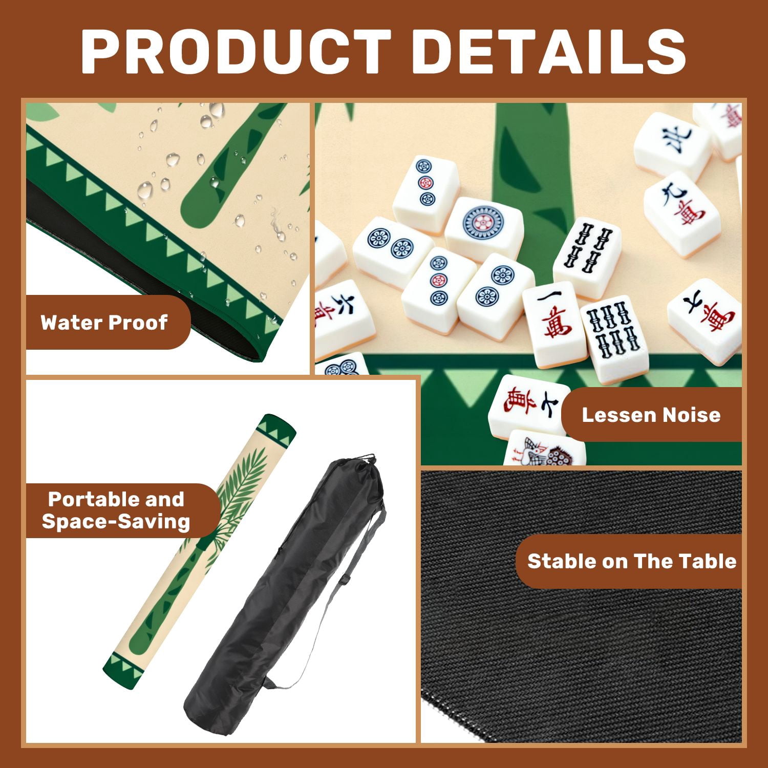 Mahjong Mat 31.5" x 31.5" Green Palm Tree Tropical Leaves Decorative Border Non-Slip Noise Reduction American Mahjong Tiles Table Cover for Dominoes Poker Card Board Games Gift