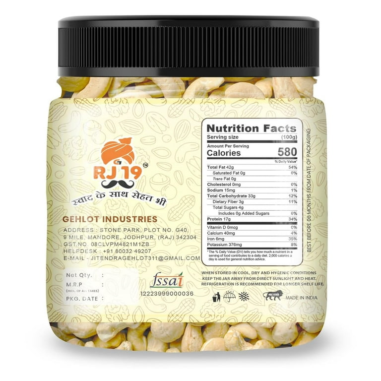 Pure Whole Cashews Kaju Nuts By RJ19 500gm, | Rich In