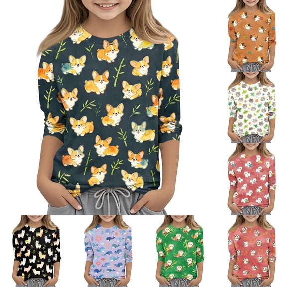 Grblisyd Girls Shirts Size 10-12 3/4 Sleeve Cute Animal Print T Shirts Kids Crewneck Casual Tops Graphic Tees