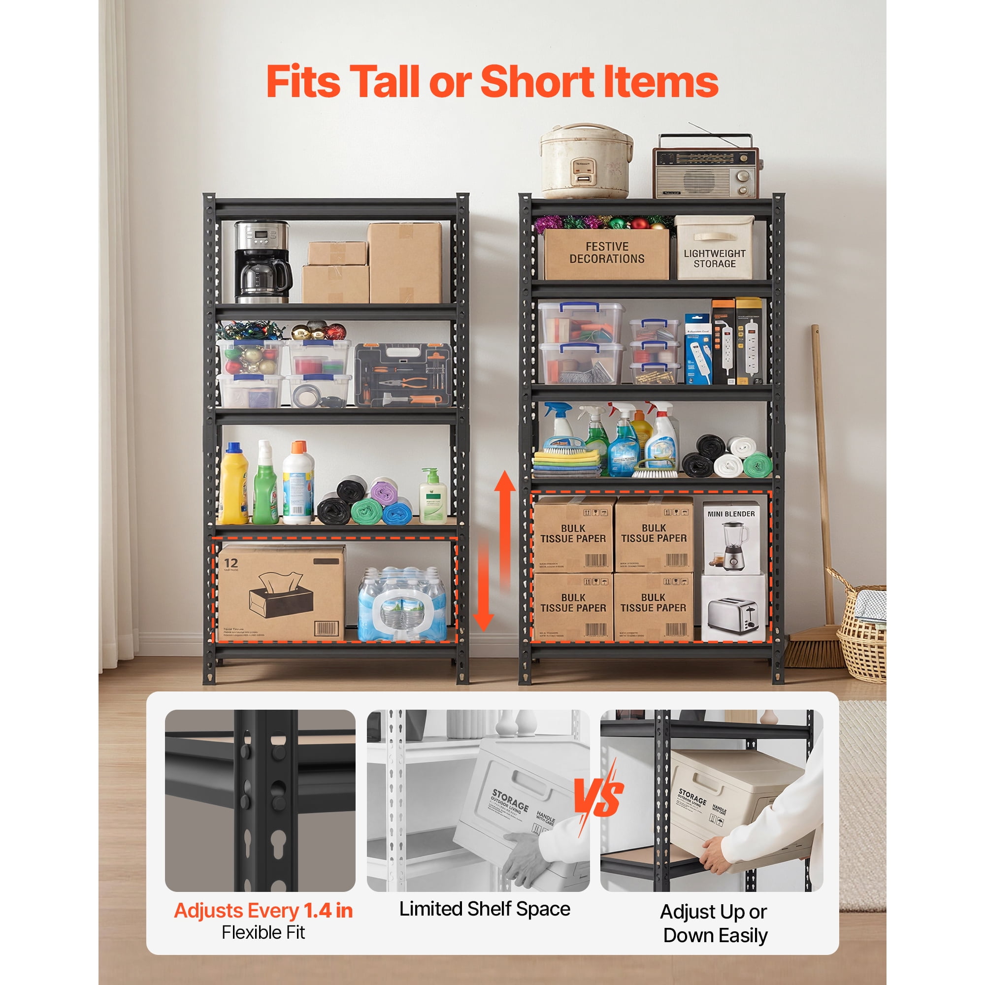 KFFKFF 5-Tier Adjustable Storage Shelves, 2000 lbs Capacity, Heavy-Duty Metal Rack for Garage, Kitchen, Pantry, Basement, or Bathroom, 32.36" W x 16.34" D x 62.76" H