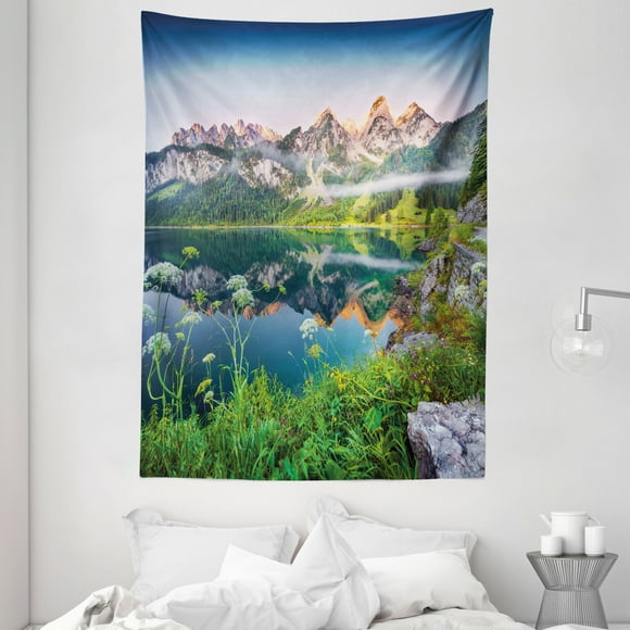 Nature Tapestry, Misty Summer Morning on Austrian Alps Mountain Range with Lake Wanderlust Landscape , Wall Hanging for Bedroom Living Room Dorm Decor, 60W X 80L Inches, Green Blue, by Ambesonne