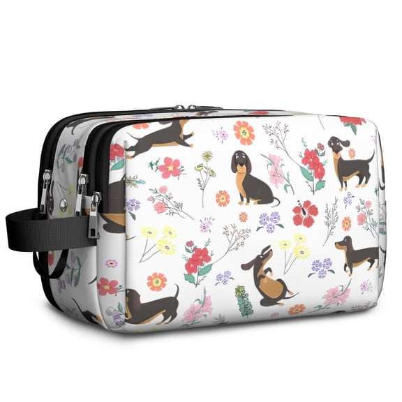 Toiletries Bag,Dachshunds with Flowers Mens Womens Toiletry Bag Bathroom Bag,Waterproof Toiletry Travel Bag Dopp Kit Shaving Bag 11x6.3x5.1 Inch