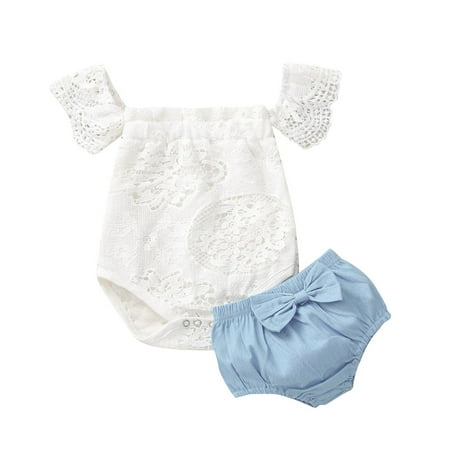

EHTMSAK Newborn Infant Baby Toddler Girl Short Sleeve Outfits Clothing Set Bodysuit and Shorts Set Summer White 0-2Y 90