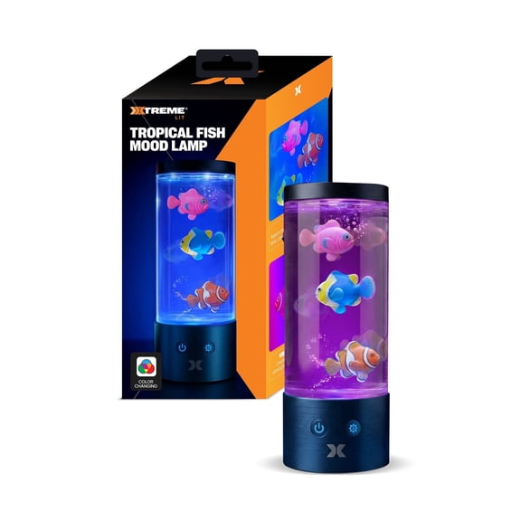 Xtreme Lit Tropical Fish Mood Lamp, Color Changing LED Aquarium Night Light with Floating Fish, USB or Battery Powered, Kids Room Decor