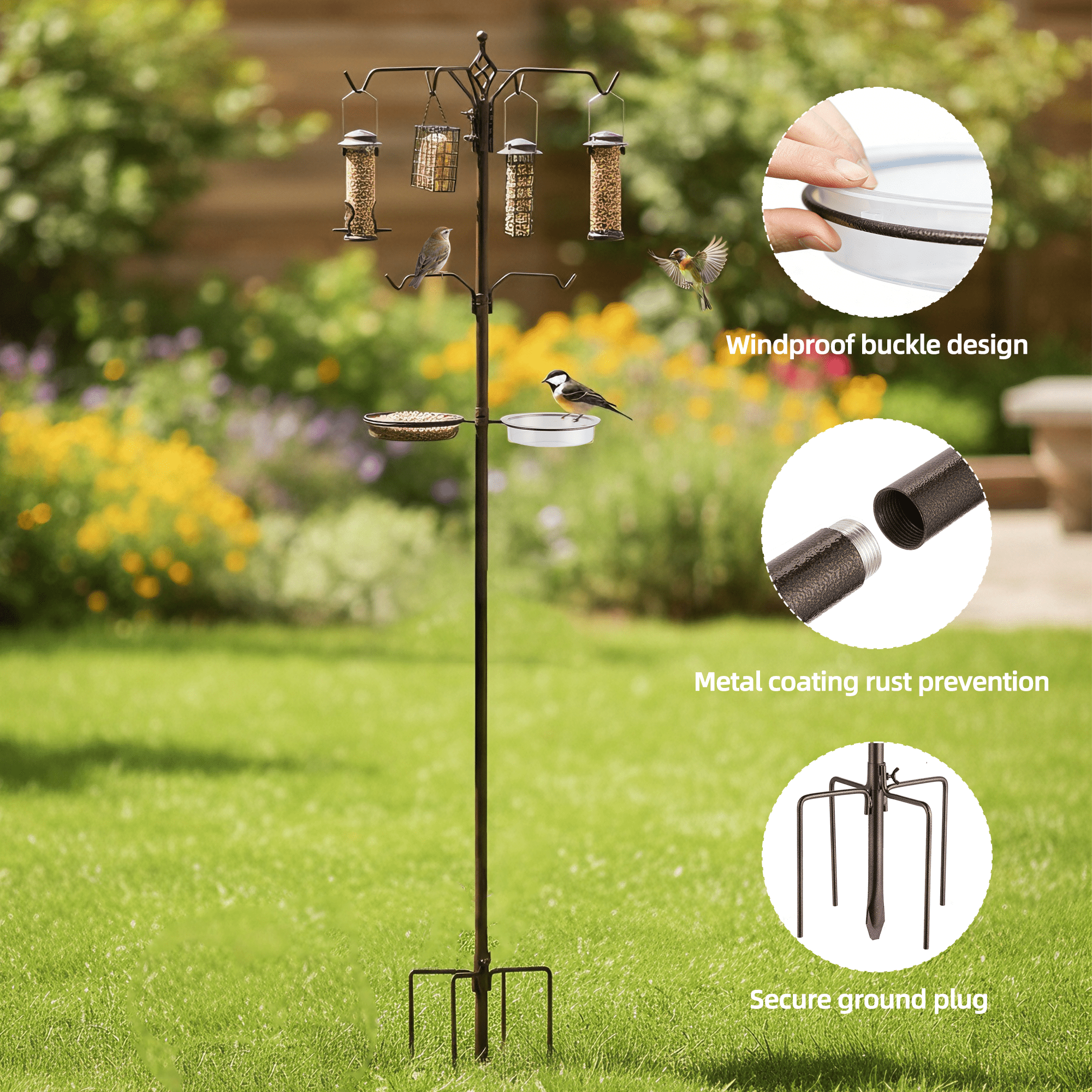 Urban Deco 96.4 Inch Bird Feeding Station Kit Wild Bird Feeder Hanging Planter Hanger Multi Feeder Hanging with Metal Suet Feeder Bird Bath for Attracting Wild Birds