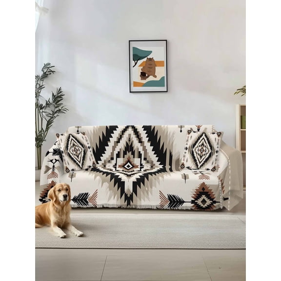 Boho Black Brown Couch Cover for Dogs, Geometric Southwestern Ethnic Vintage Washable Sofa Covers Slipcover for Pets Dogs Futon Cover, Couch Recliner Covers, Oversized Chair Slipcover 71"x91"