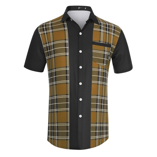 Camisa diseño patchwork a cuadros mangas cortas botones bloques color caqui negro T M