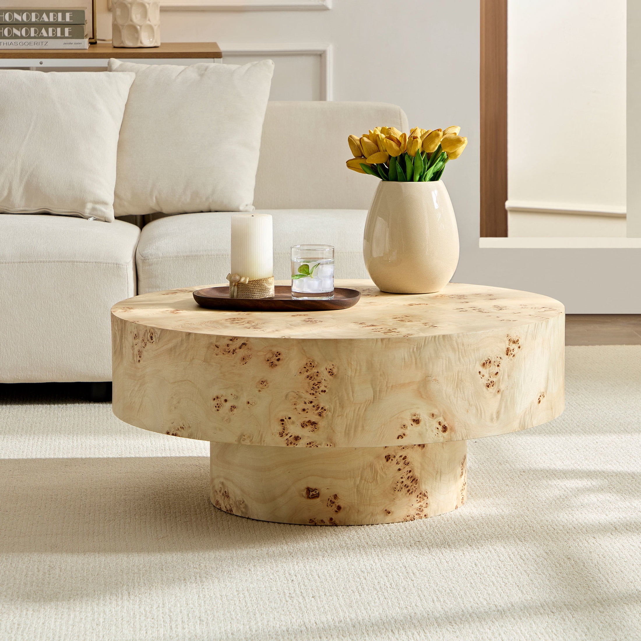 Noble House 31.49" Round Coffee Table, Burl Wood Veneer, Sturdy Drum Pedestal, Mid-Century Accent, Natural