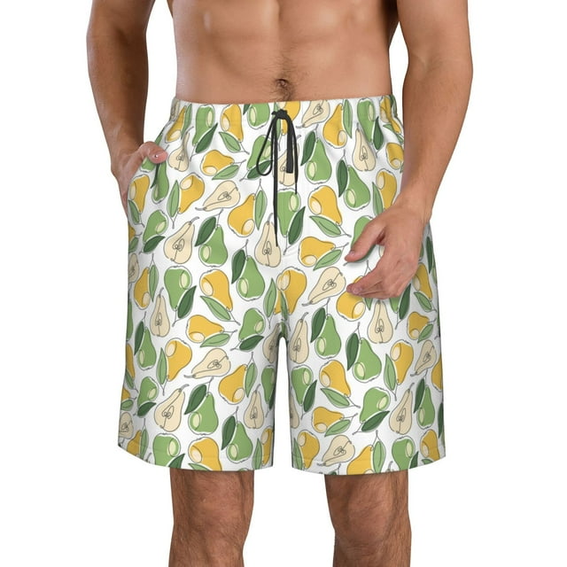 Wukai Fruit Pears Print Beach Trunks with Compression Liner Swimsuit Quick Dry Beach Sports Shorts with Pocket-Large