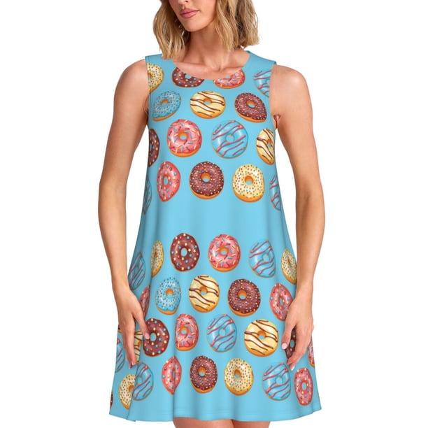 Balery Cute Donut Vestidos de verano para mujer con estampado: vestido holgado sin mangas, vestido playero informal y cómodo para días calurosos.