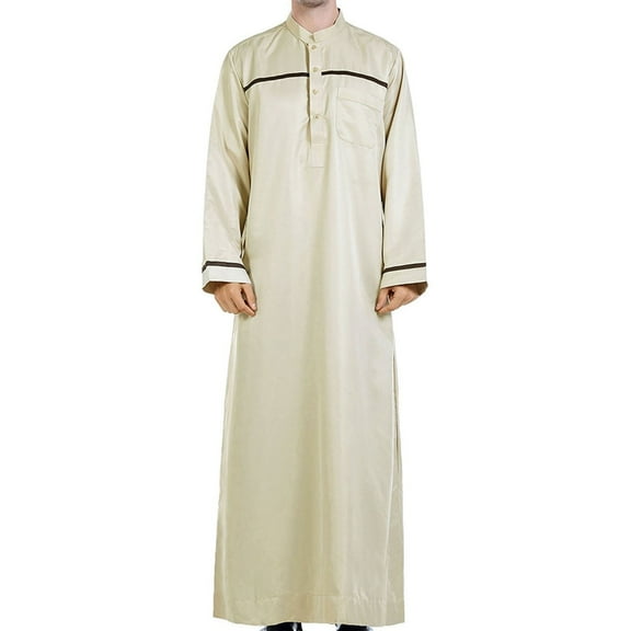 Mens Muslim Robe Full Length Long Sleeve Nightshirt Plain Muslim Kaftan Thobe Sale Button Muslims Dresses with Pockets Ethnic Thobe Lounge Long Muslim Gown Jubba Sarong for Men