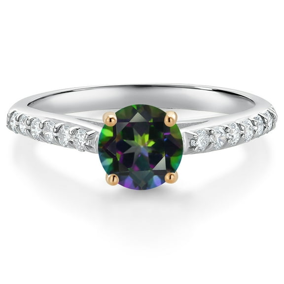 Gem Stone King 10K White Gold Green Mystic Topaz and White Lab Grown Diamond Engagement Ring for Women (1.18 Cttw, Round 6MM, Gemstone, Size 7)