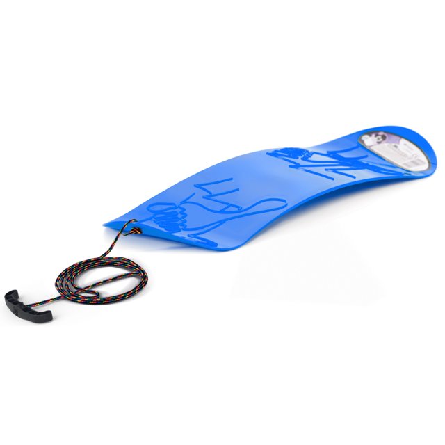 ArcticThrill Snow Sled for Kids - SnowMotion, a vibrant blue plastic slider board with a smooth bottom for excellent glide on snowy terrain. Features decorative foot imprints, a pull rope with a black handle, and a lightweight, ergonomic design. Measures 68 cm in length, 20 cm in width, and 3.5 cm in height. Suitable for seated or standing use by toddlers and kids, with a weight capacity of 50 kg. Ideal for outdoor winter fun.