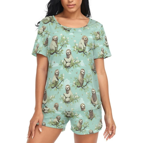 joogoo Women's Pajama Set Sloth with Leaves Short Sleepwear Loungewear with Pockets M