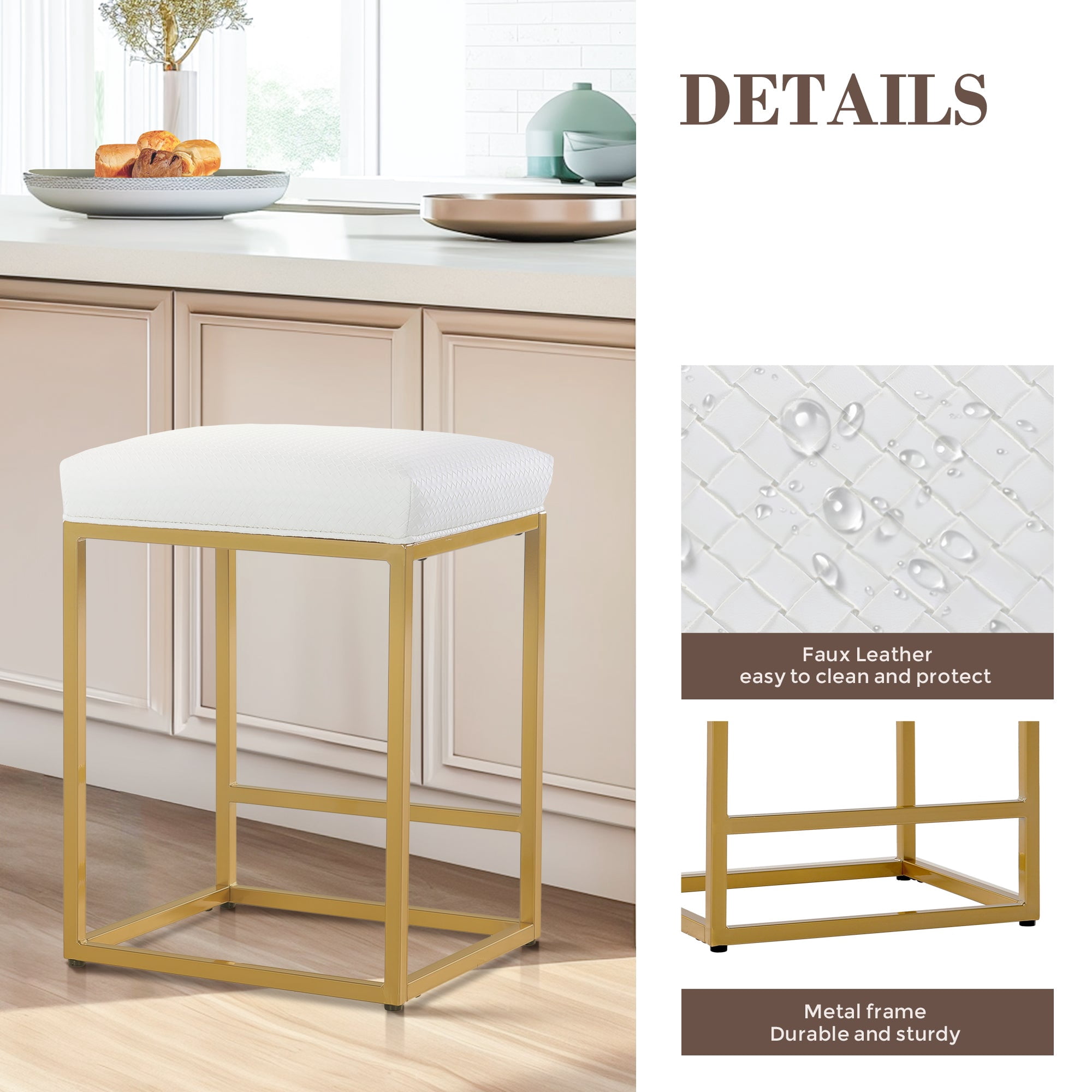 SUMMIT LIVING 24" Counter Height Bar Stool Set of 2, Upholstered Faux Leather Backless Counter Stool for Kitchen Island, Gold and White